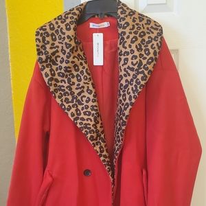 Red with leopard print thigh length trench coat